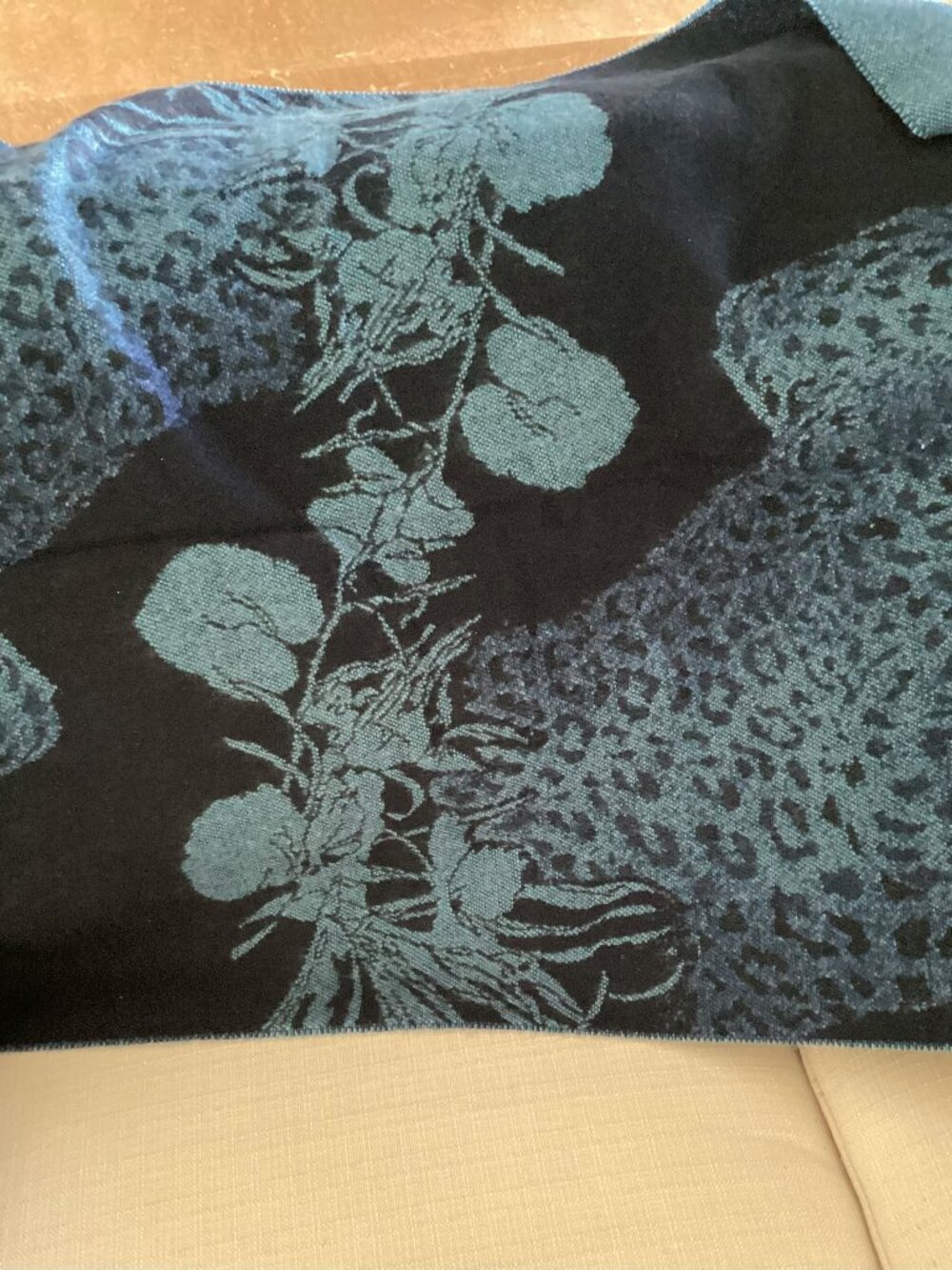 Large blue and black reversible shawl scarf with fringe (28" x 76")